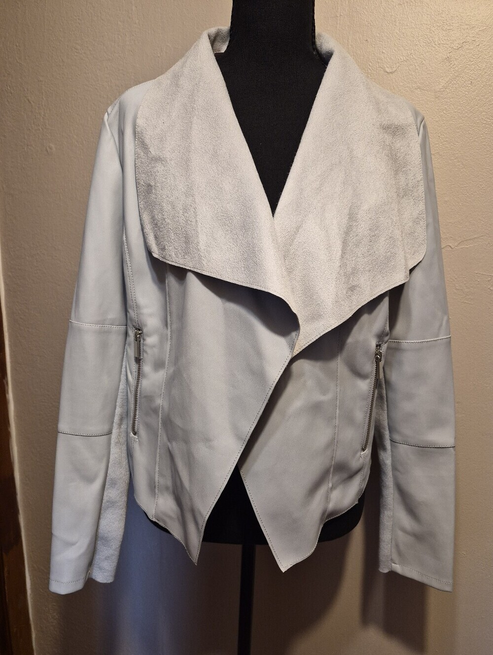 Bagatelle Womens Moto Jacket SM Ivory Drape Open Front Faux Leather Zip Pockets